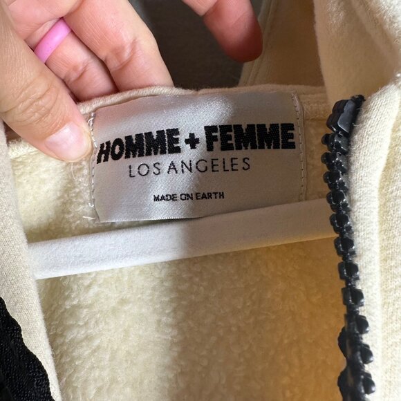 Homme + Femme Short Sleeve Hooded Sweatshirt Size Medium Cream Quarter Zip - Picture 6 of 9